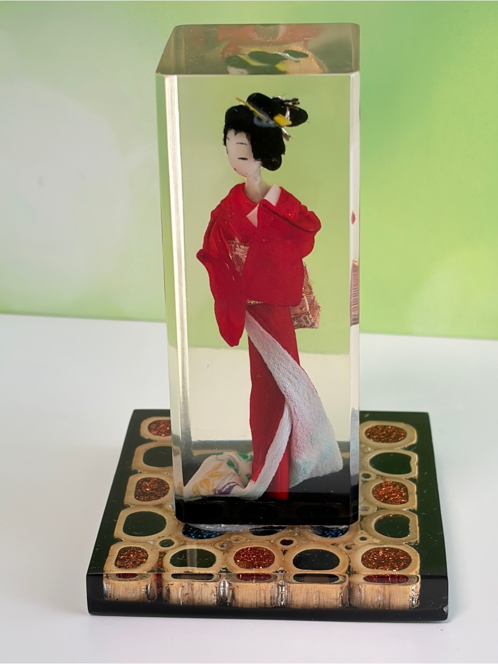 MCM Japanese Geisha Doll Lucite Acrylic Display Block Red Kimono Made in Japan